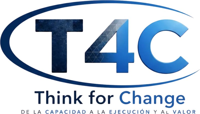 Logotipo de Think4Change con la marca T4C en azul y la frase Think for Change, De la capacidad a la ejecución y al valor